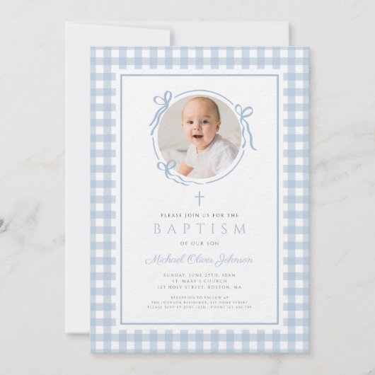 Modern Blue Gingham Bow Photo Boy Baptism Kaart (Voorkant)