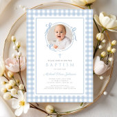 Modern Blue Gingham Bow Photo Boy Baptism Kaart