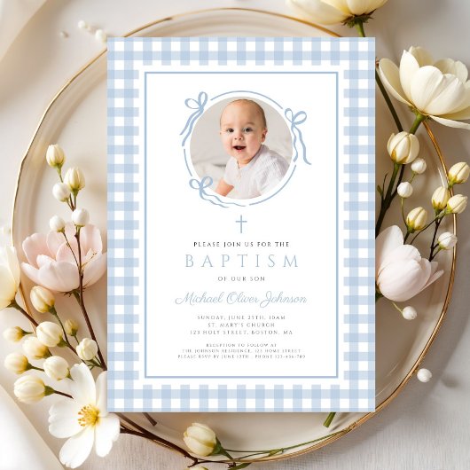 Modern Blue Gingham Bow Photo Boy Baptism Kaart