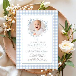 Modern Blue Gingham Bow Photo Boy Baptism Kaart
