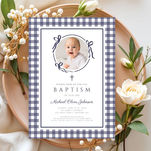 Modern Blue Gingham Photo Boy Baptism Kaart
