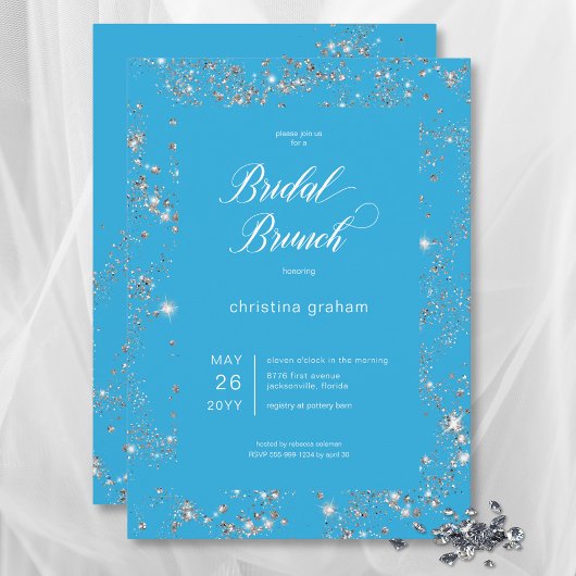 Modern Blue Glam Diamond Lijst Bruidsbrunch Kaart