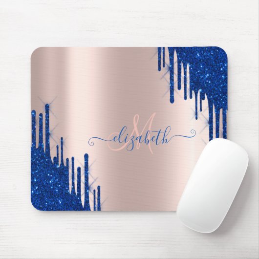 Modern Blue Glitter Drift Roos Gold Monogram Muismat (Met muis)