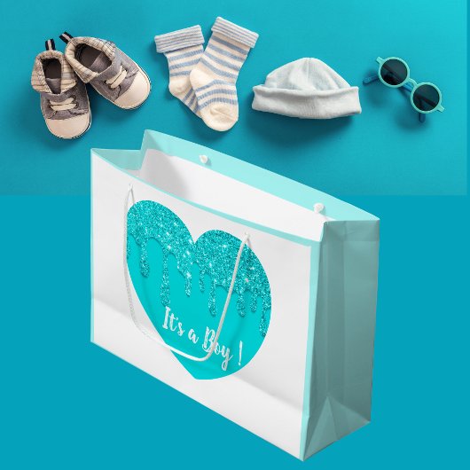 Modern Blue Glitter Heart Baby shower Het is een j Groot Cadeauzakje