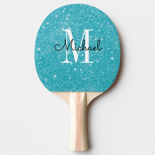 Modern Blue Glitter Monogram Persoonlijke naam Tafeltennisbatje (Voorkant)
