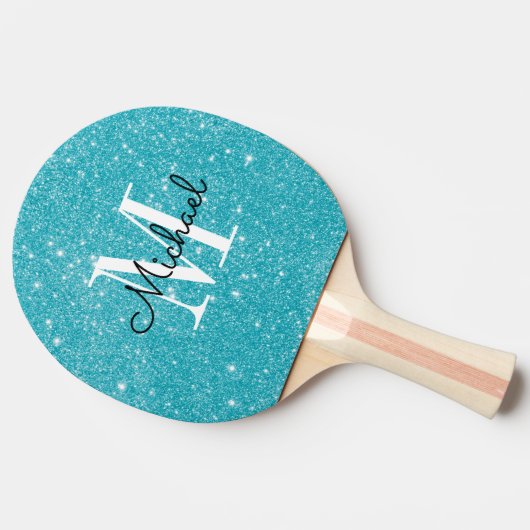 Modern Blue Glitter Monogram Persoonlijke naam Tafeltennisbatje (Zijkant)
