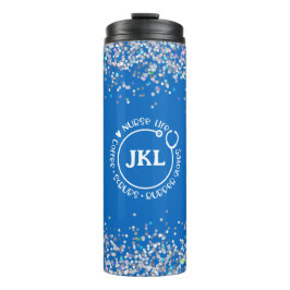 Modern Blue Glitter Monogram Stethoscope Nurse Thermosbeker