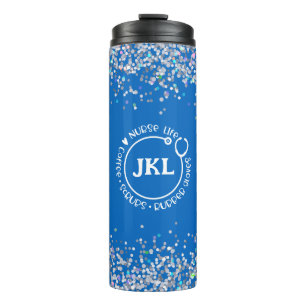 Modern Blue Glitter Monogram Stethoscope Nurse Thermosbeker