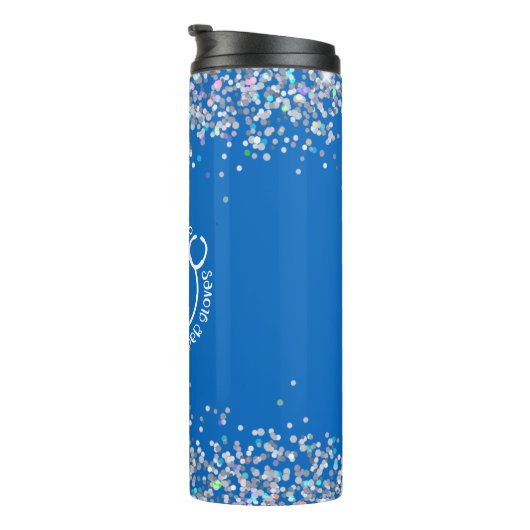 Modern Blue Glitter Monogram Stethoscope Nurse Thermosbeker (Geroteerd rechts)