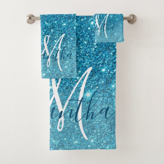 Modern Blue Glitter Sparkles Personalized Name Bad Handdoek (Insitu)