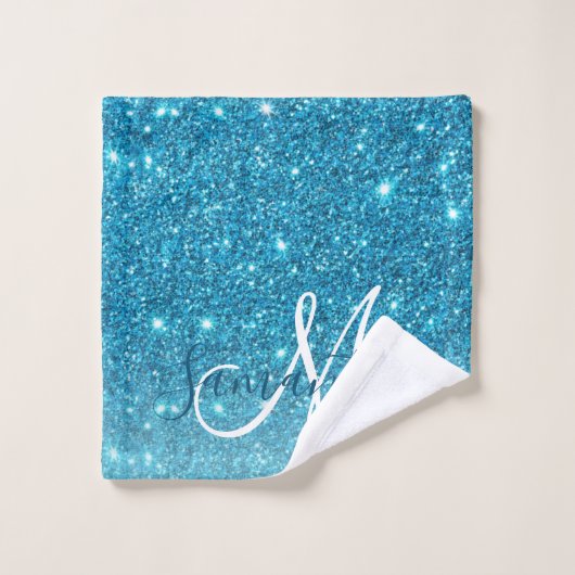 Modern Blue Glitter Sparkles Personalized Name Bad Handdoek (Wasdoekje)