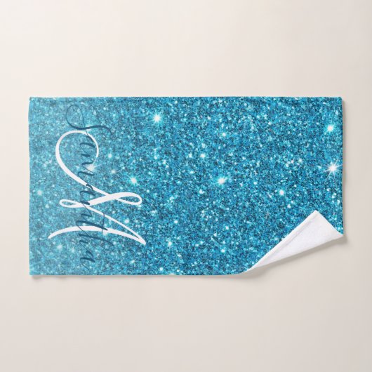 Modern Blue Glitter Sparkles Personalized Name Bad Handdoek (Handdoek)