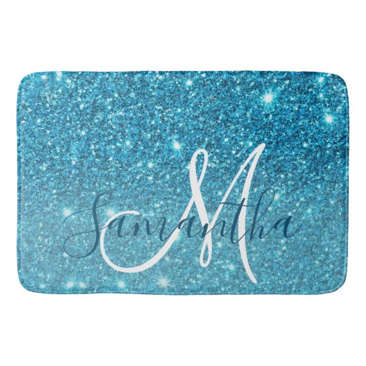 Modern Blue Glitter Sparkles Personalized Name Badmat (Voorkant)