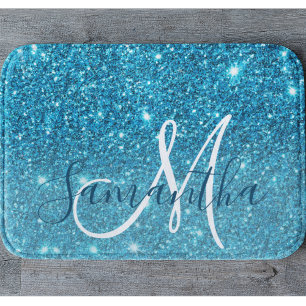 Modern Blue Glitter Sparkles Personalized Name Badmat