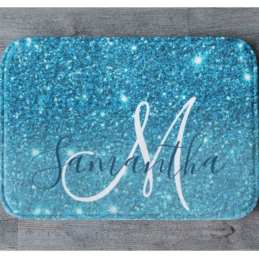 Modern Blue Glitter Sparkles Personalized Name Badmat
