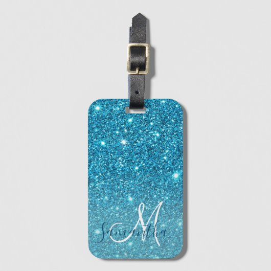Modern Blue Glitter Sparkles Personalized Name Bagagelabel (Voorkant (verticaal))