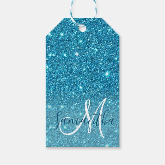 Modern Blue Glitter Sparkles Personalized Name Cadeaulabel (Voorkant)