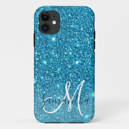 Modern Blue Glitter Sparkles Personalized Name Case-Mate iPhone Case (Achterkant)