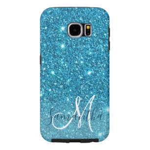 Modern Blue Glitter Sparkles Personalized Name Samsung Galaxy S6 Hoesje