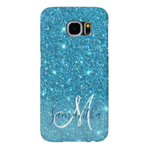 Modern Blue Glitter Sparkles Personalized Name Samsung Galaxy S6 Hoesje