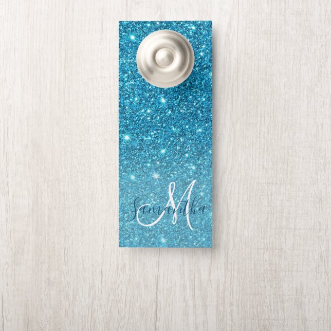 Modern Blue Glitter Sparkles Personalized Name Deurhanger (Op knop)