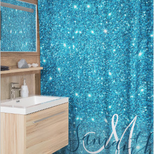 Modern Blue Glitter Sparkles Personalized Name Douchegordijn