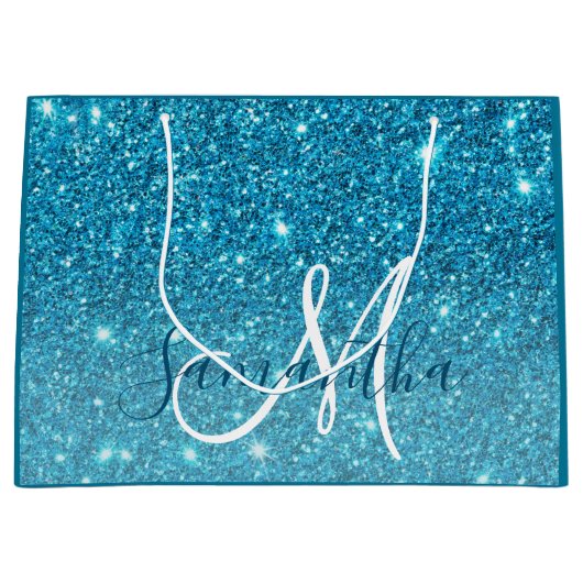 Modern Blue Glitter Sparkles Personalized Name Groot Cadeauzakje (Voorkant)