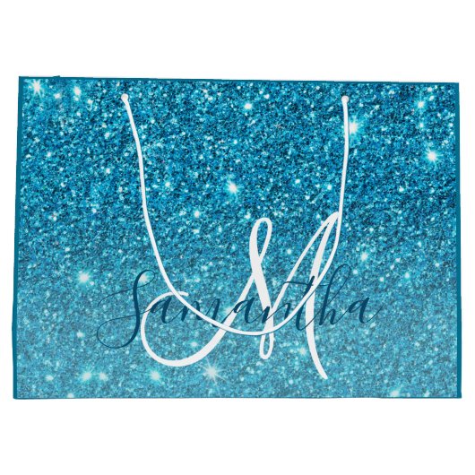 Modern Blue Glitter Sparkles Personalized Name Groot Cadeauzakje (Achterkant)