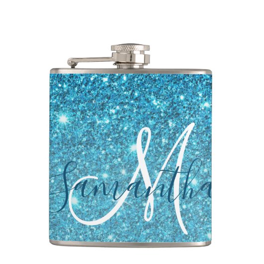 Modern Blue Glitter Sparkles Personalized Name Heupfles (Voorkant)