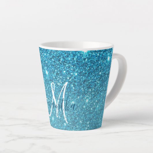 Modern Blue Glitter Sparkles Personalized Name Latte Mok (Rechterhoek)