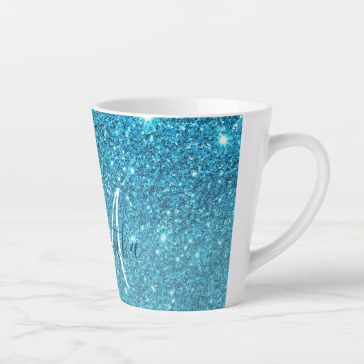 Modern Blue Glitter Sparkles Personalized Name Latte Mok (Rechts)