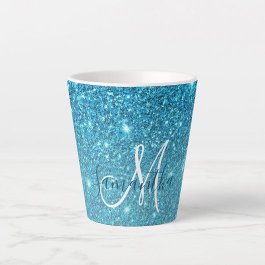 Modern Blue Glitter Sparkles Personalized Name Latte Mok (Voorkant)