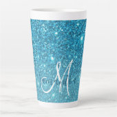 Modern Blue Glitter Sparkles Personalized Name Latte Mok (Voorkant)