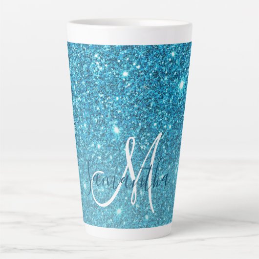 Modern Blue Glitter Sparkles Personalized Name Latte Mok (Voorkant)