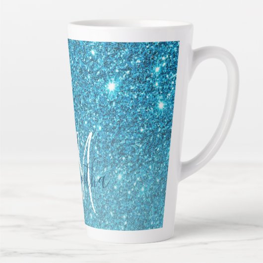 Modern Blue Glitter Sparkles Personalized Name Latte Mok (Rechts)
