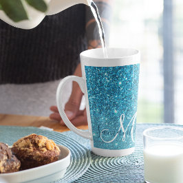 Modern Blue Glitter Sparkles Personalized Name Latte Mok