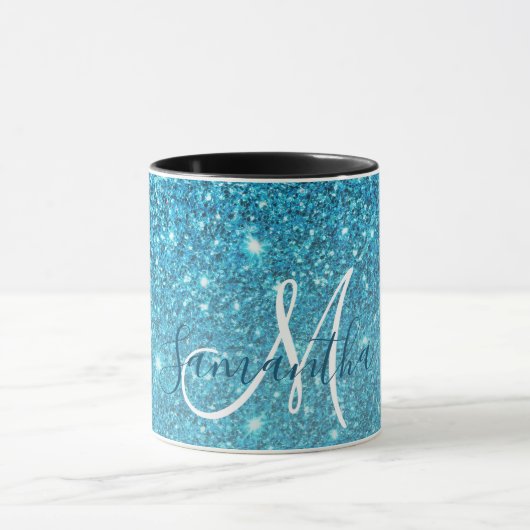 Modern Blue Glitter Sparkles Personalized Name Mok (Midden)