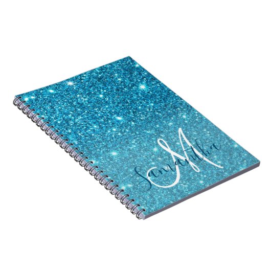 Modern Blue Glitter Sparkles Personalized Name Notitieboek (Rechterzijde)