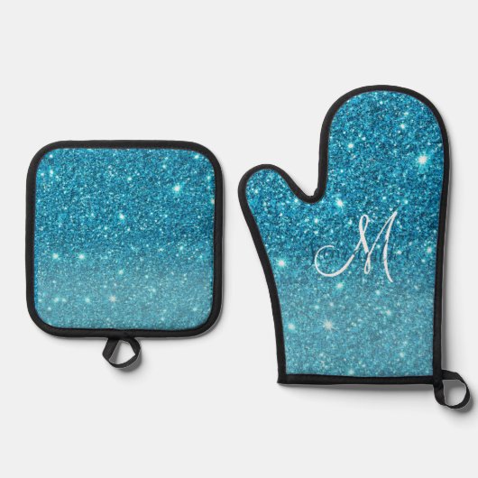 Modern Blue Glitter Sparkles Personalized Name Ovenwant & Pannenlap Set (Voorkant)