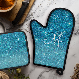 Modern Blue Glitter Sparkles Personalized Name Ovenwant & Pannenlap Set