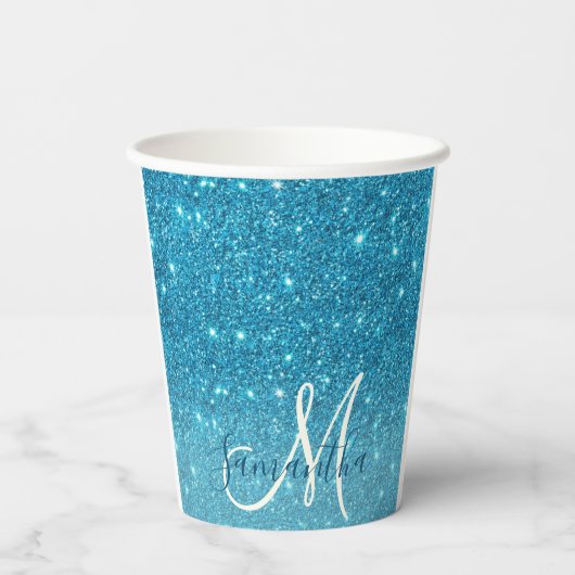 Modern Blue Glitter Sparkles Personalized Name Papieren Bekers (Achterkant)