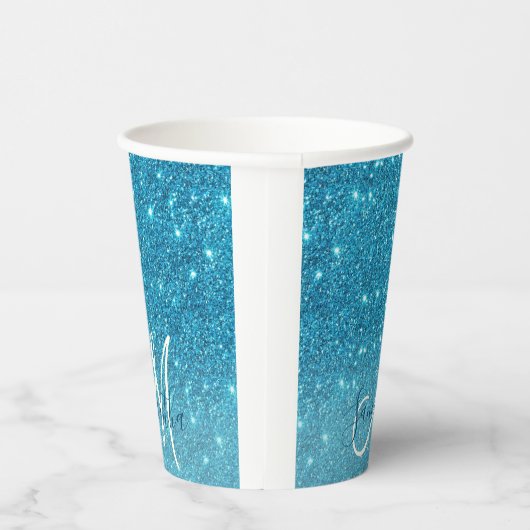 Modern Blue Glitter Sparkles Personalized Name Papieren Bekers (Rechts)