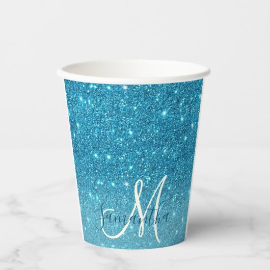 Modern Blue Glitter Sparkles Personalized Name Papieren Bekers (Voorkant)