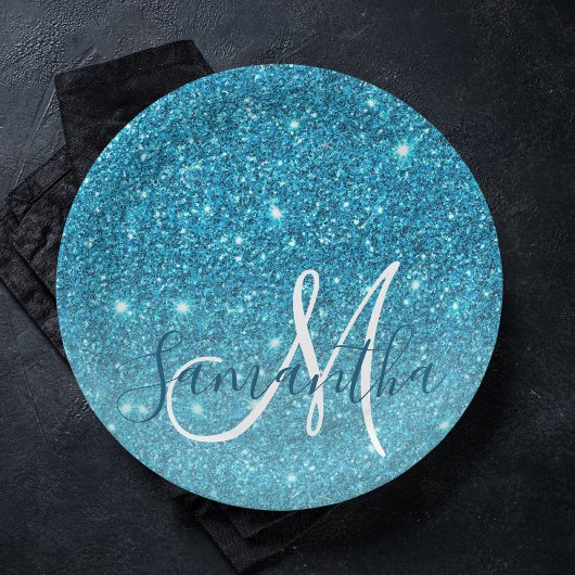 Modern Blue Glitter Sparkles Personalized Name Papieren Bordje