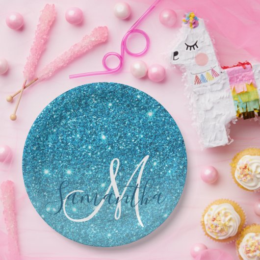 Modern Blue Glitter Sparkles Personalized Name Papieren Bordje (Feest)