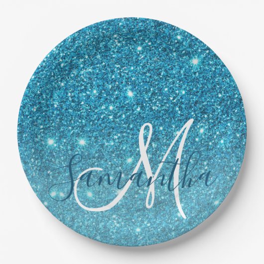 Modern Blue Glitter Sparkles Personalized Name Papieren Bordje (Voorkant)