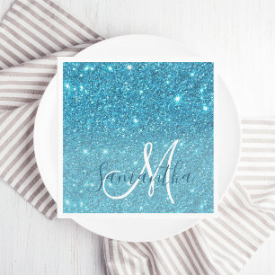 Modern Blue Glitter Sparkles Personalized Name Servet