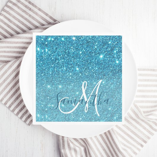 Modern Blue Glitter Sparkles Personalized Name Servet