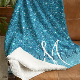 Modern Blue Glitter Sparkles Personalized Name Sherpa Deken