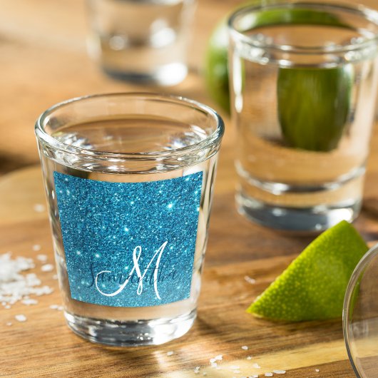 Modern Blue Glitter Sparkles Personalized Name Shot Glas